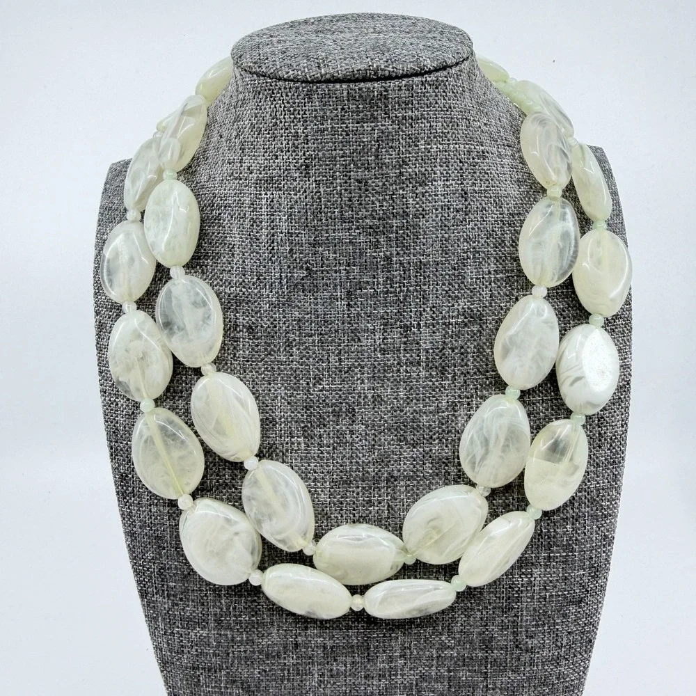 Pale Green Translucent Marbled Bead Double Strand Necklace Statement Jewelry